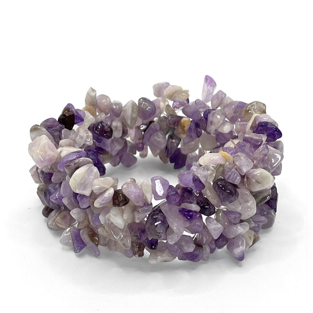 Purple Stone Cluster Bracelet Beaded Wide Band Statement Stretch Cuff Boho